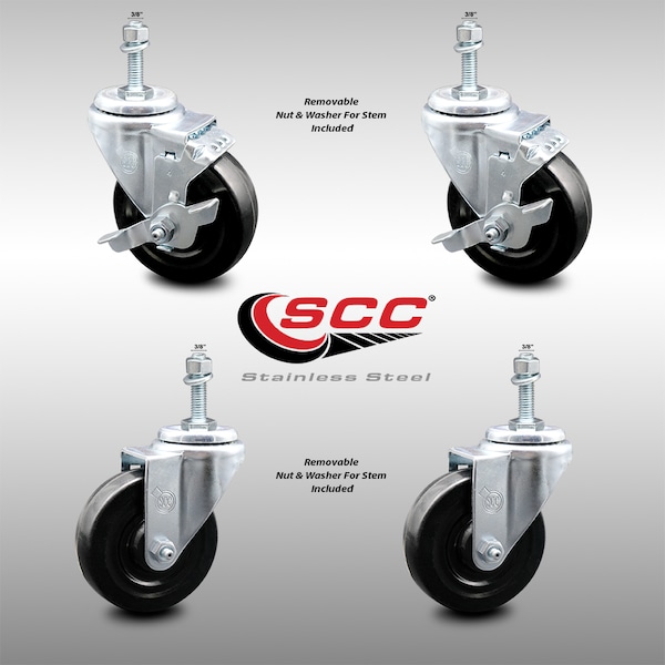 Service Caster 4 Inch SS Hard Rubber Wheel Swivel 3/8 Inch Threaded Stem Caster Brakes, 2PK SCC-SSTS20S414-HRS-381615-2-TLB-2 - main